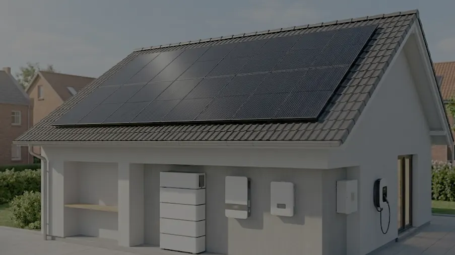 Einfamilienhaus mit einer modern installierten Aufdach-Photovoltaikanlage und sichtbaren Systemkomponenten am Nebengebäude
