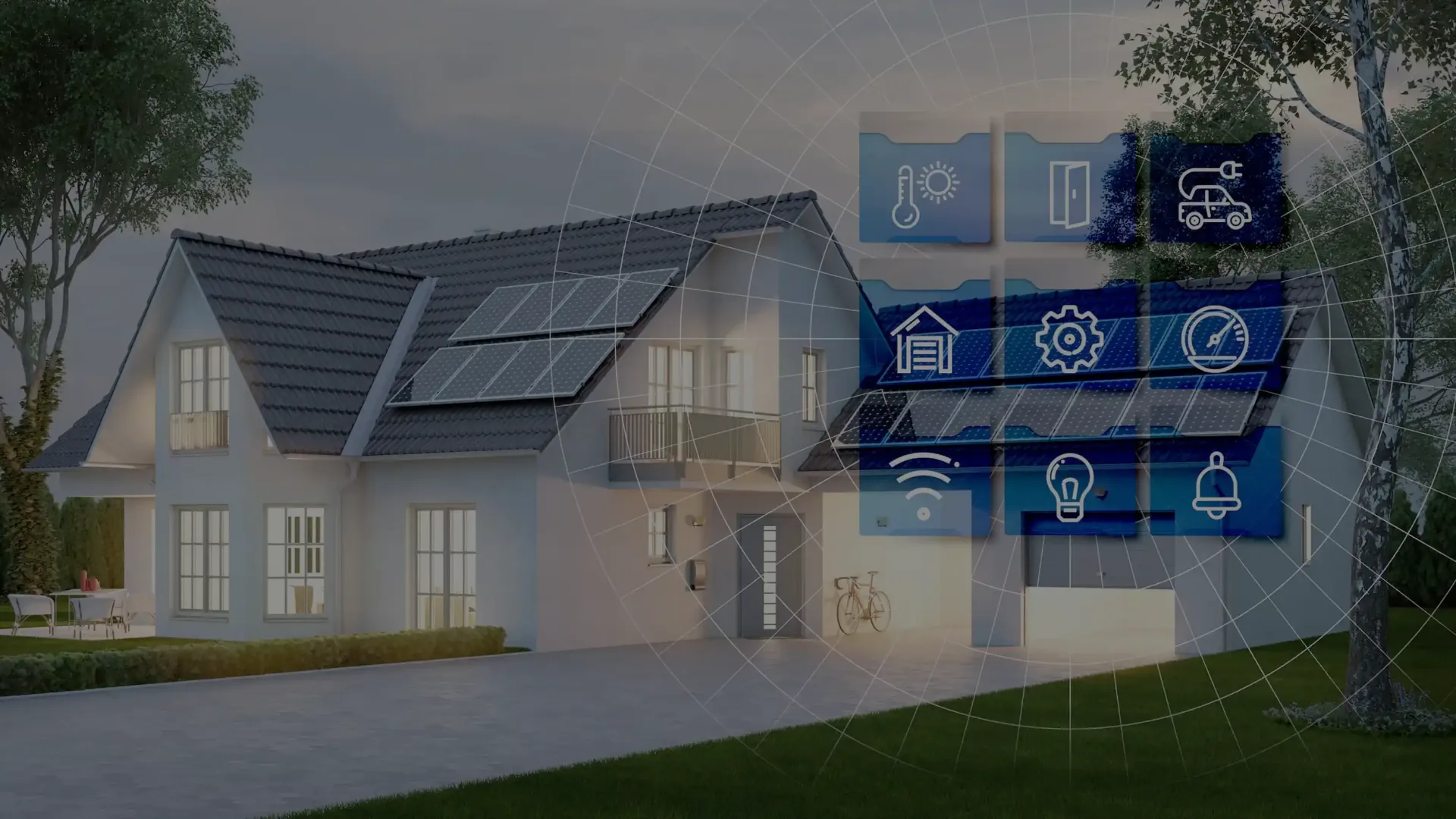 Ein modernes Wohnhaus in der Abenddämmerung, im Vordergrund ein Smartphone mit einer übersichtlichen Energie-Dashboard-App
