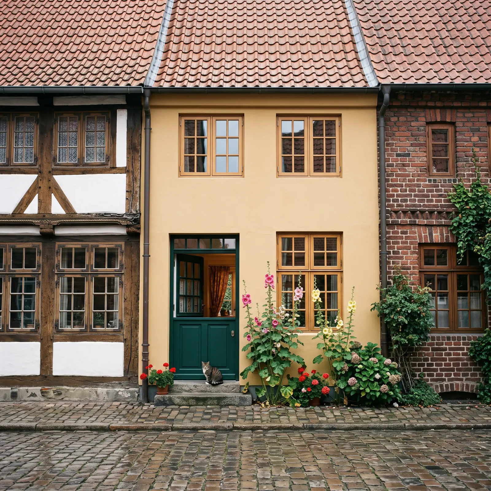 Drei schmale alte Häuser nebeneinander, links Fachwerk, rechts Backstein, in der Mitte ein schlichtes ockerfarbenes Haus mit Sprossenfenstern