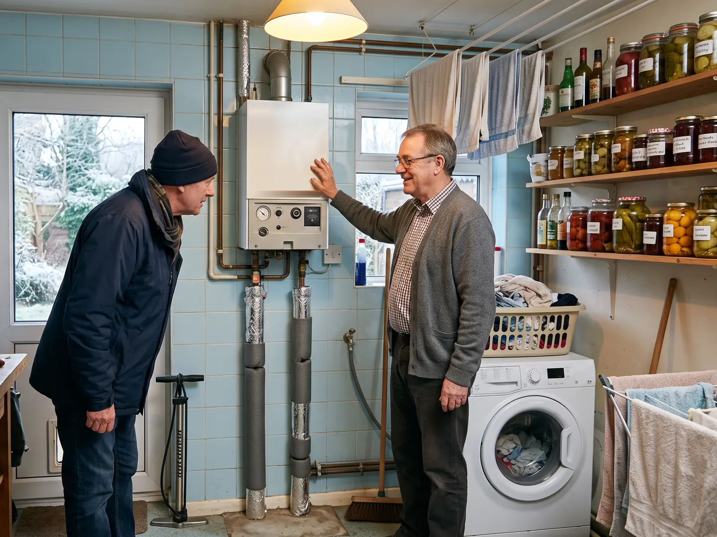 Zwei Personen in einem hellen Hauswirtschaftsraum an einer kompakten weißen Übergabestation der Fernwärme, die an der gefliesten Wand hängt