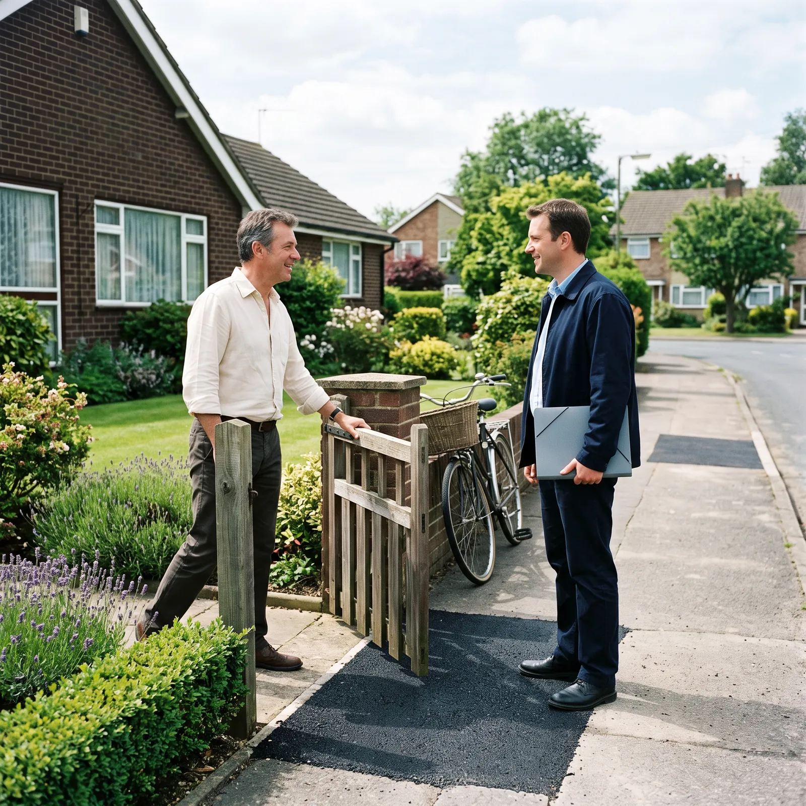 Zwei Personen begrüßen sich am Gartentor eines Backstein-Bungalows, die eine mit Mappe auf dem Gehweg, an dem ein Streifen aus neuerem Asphalt verläuft