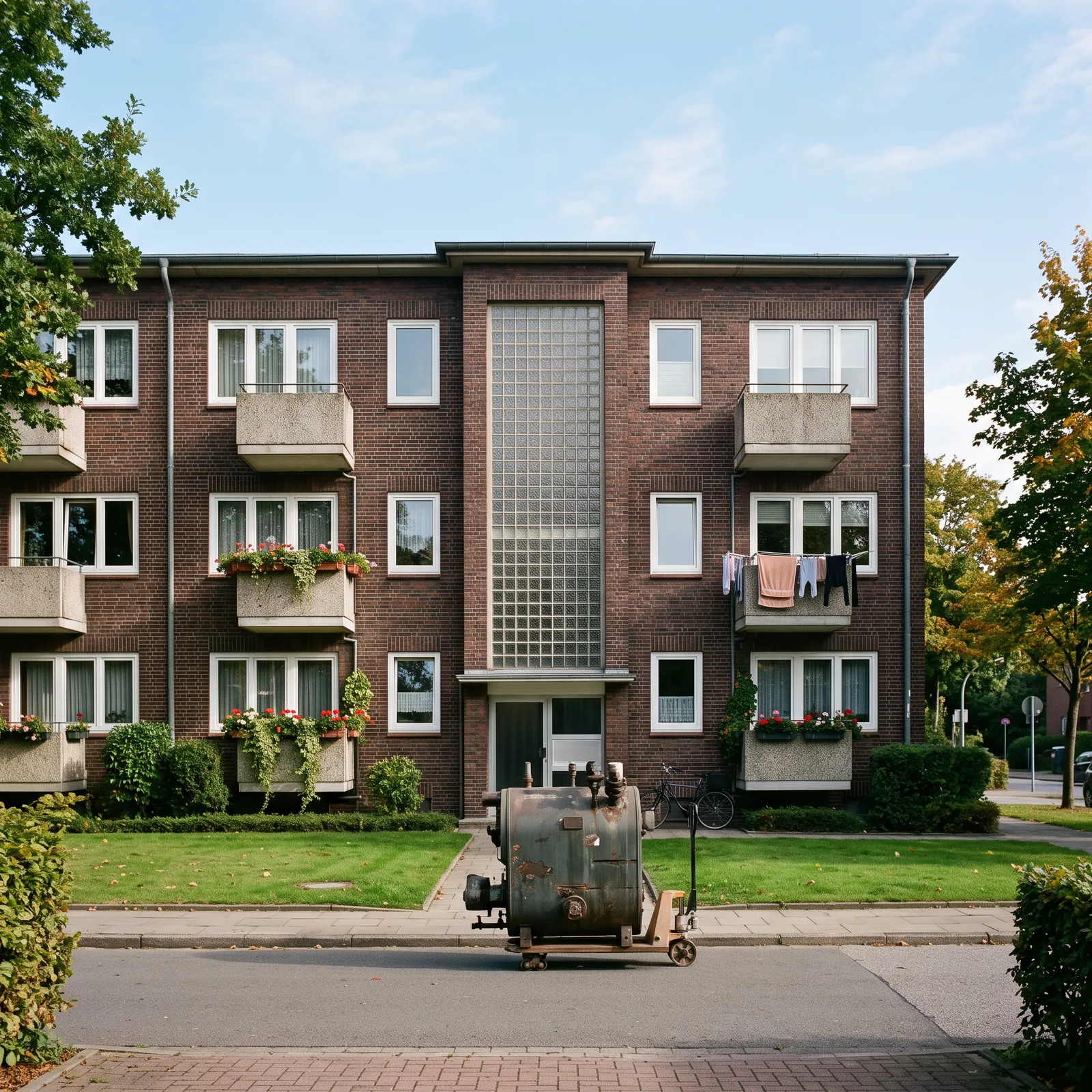 Mehrfamilienhaus aus rotem Backstein mit Balkonen und Glasbausteinband über dem Eingang, davor ein ausgebauter großer Heizkessel auf einem Hubwagen