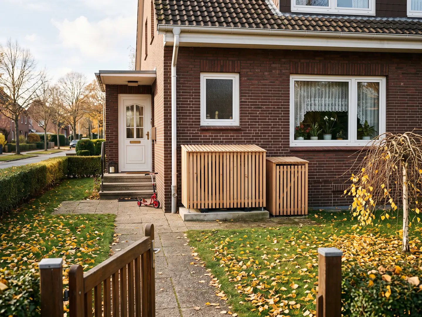 Außeneinheit einer Wärmepumpe in einer Holzlattenverkleidung direkt an der Backsteinwand eines Einfamilienhauses, im Vorgarten neben dem Weg