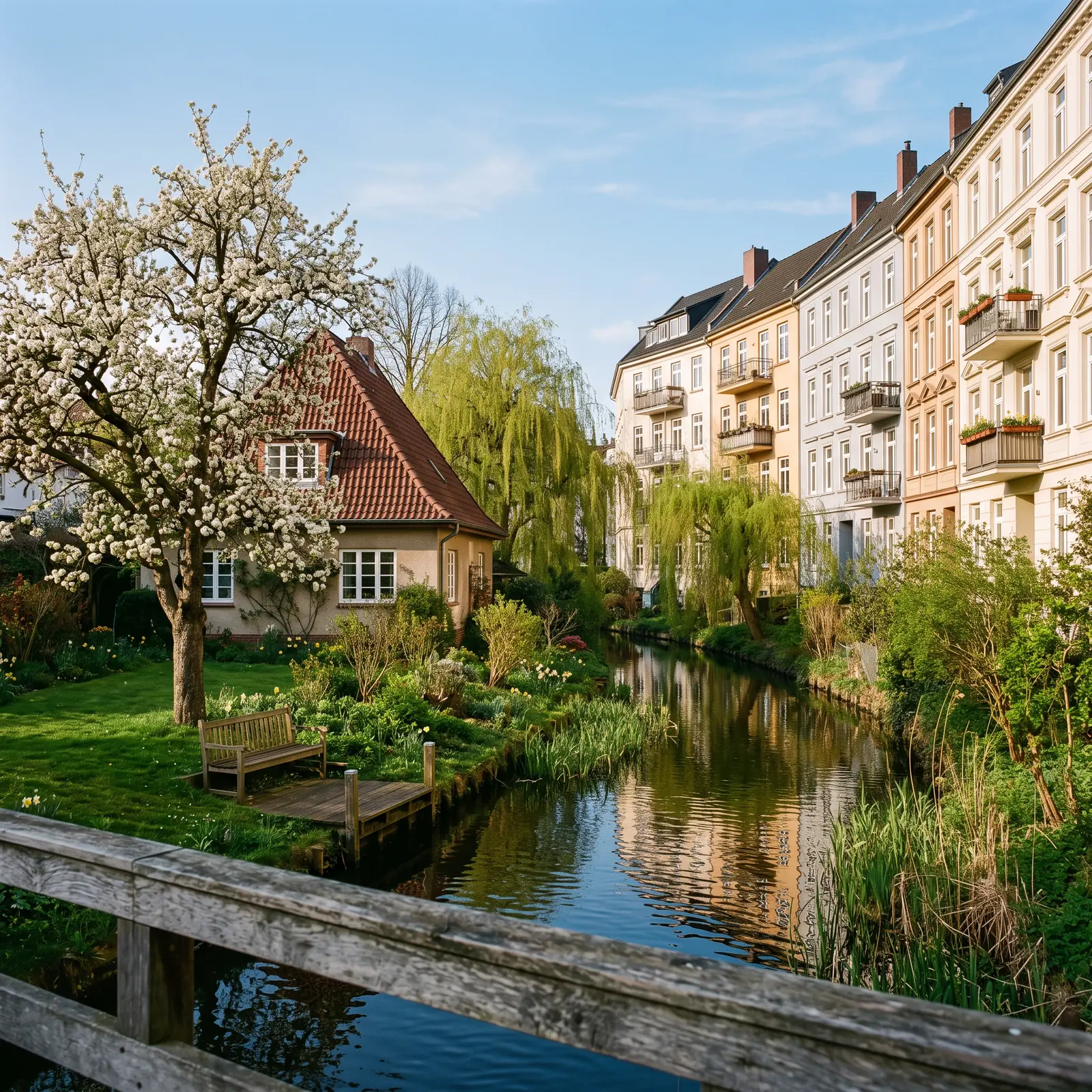 Schmaler Bach mit Weiden, am anderen Ufer eine Reihe vierstöckiger Wohnhäuser, vorn ein kleines Haus mit Garten und blühendem Birnbaum