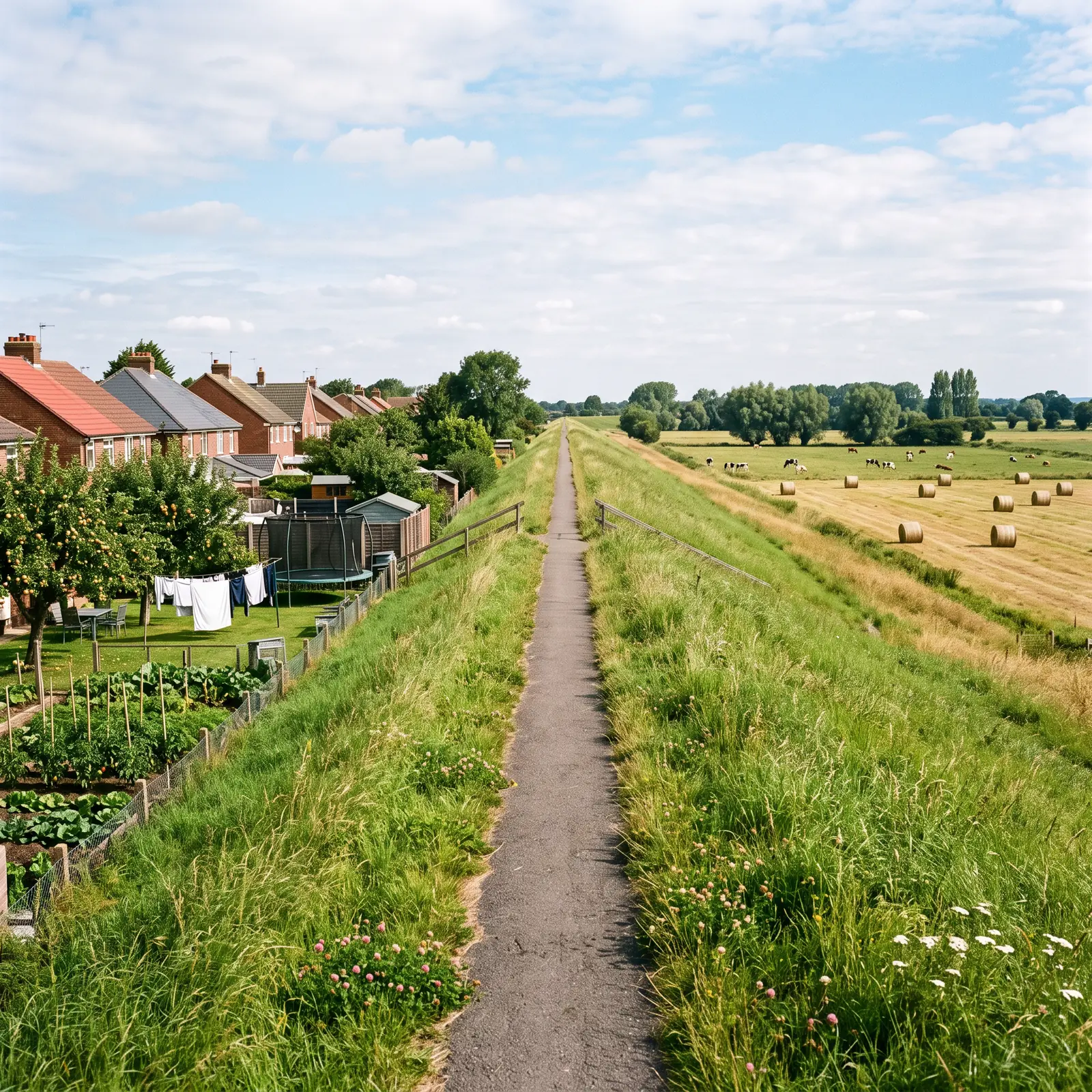 Grasbewachsener Deich mit Weg auf der Krone, links Gärten und tiefer liegende Häuser, rechts gemähte Wiesen mit Heuballen und weidenden Kühen