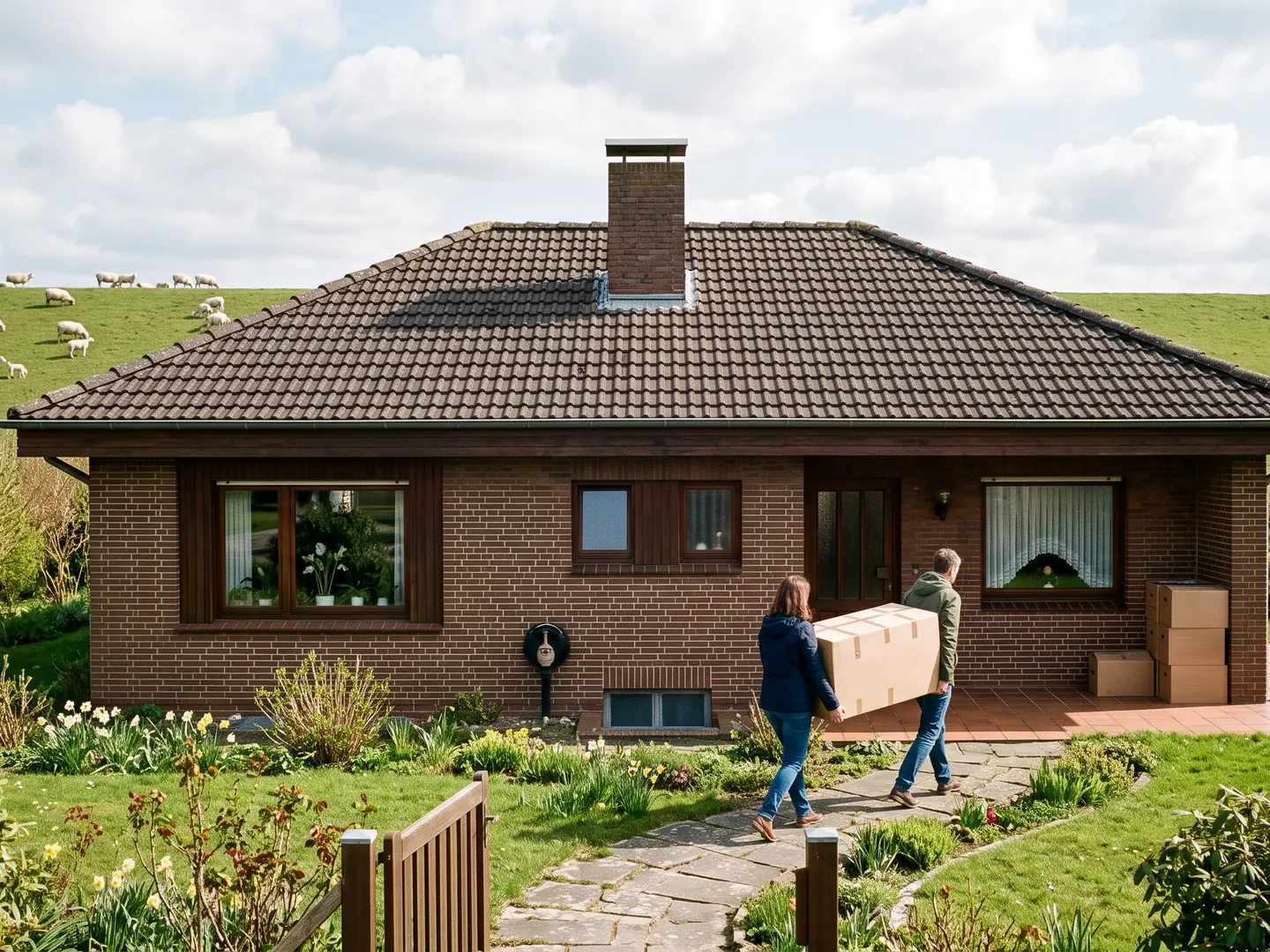 Zwei Personen tragen einen Umzugskarton zu einem Bungalow im Stil der Siebziger aus rotbraunem Backstein, dahinter ein Deich mit Schafen