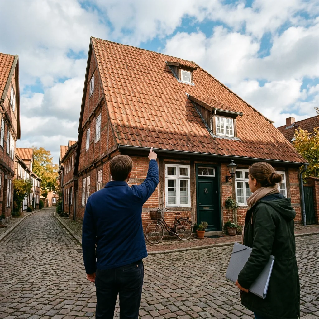 Zwei Personen in einer Gasse mit Kopfsteinpflaster blicken zum steilen roten Ziegeldach eines alten Backsteinhauses hinauf