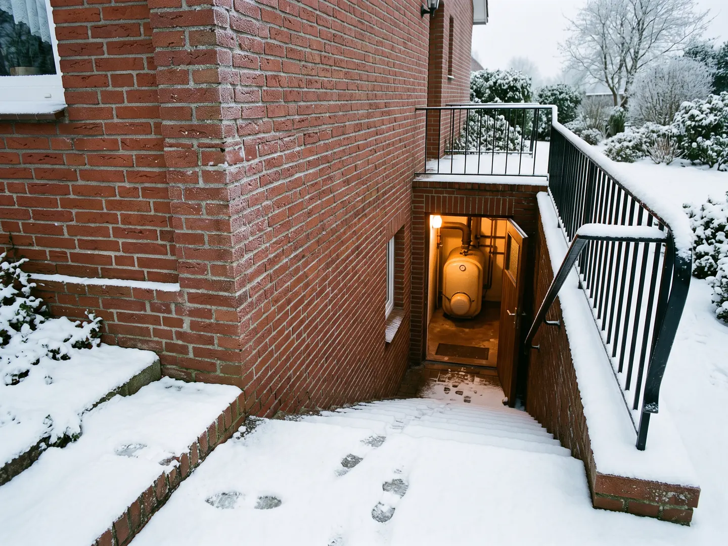 Verschneite Kelleraußentreppe an einem Backsteinhaus, zwei Fußspuren führen hinab zur offenen Kellertür, drinnen Licht und die Ecke eines Heizkessels