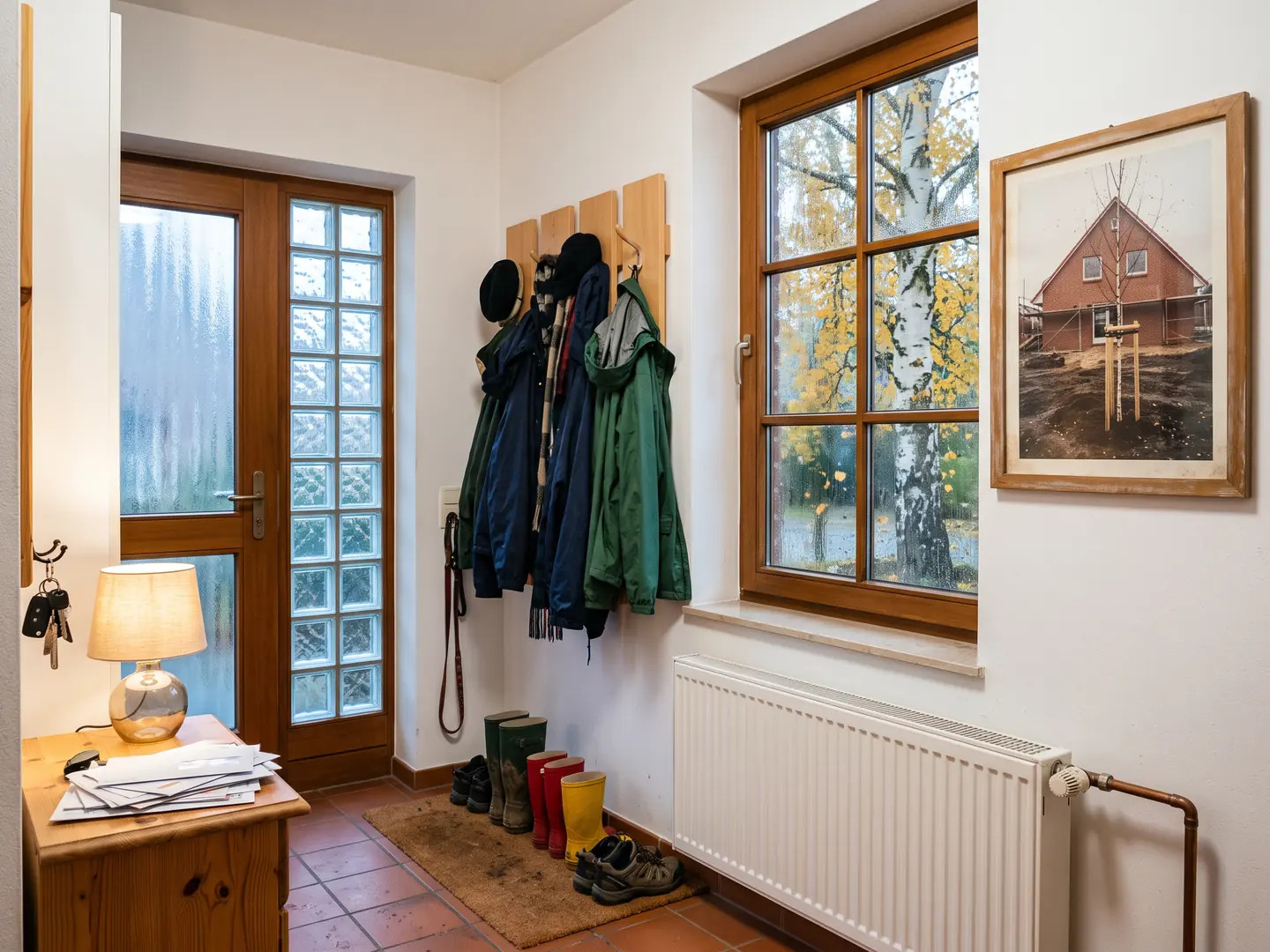 Hausflur mit Terrakottafliesen und Garderobe, an der Wand ein verblasstes Foto eines neu gebauten Klinkerhauses, im verregneten Fenster eine hohe Birke