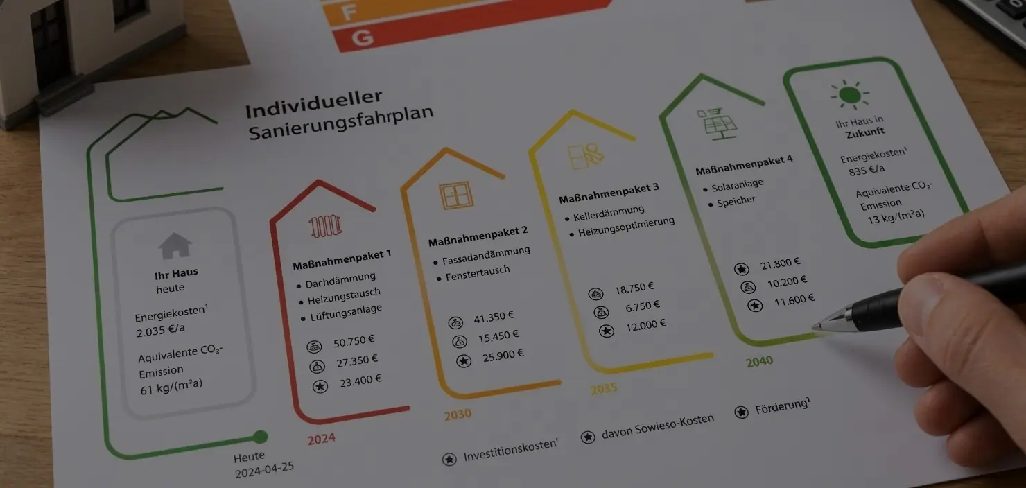 Individueller Sanierungsfahrplan mit Maßnahmenpaketen, Kosten und Förderung im zeitlichen Verlauf