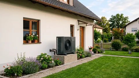 Außeneinheit einer modernen Wärmepumpe neben der hellen Fassade eines gepflegten Wohnhauses