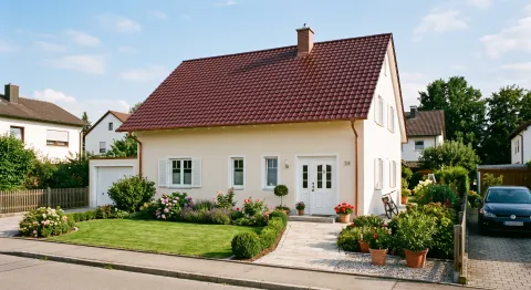 Frisch saniertes Einfamilienhaus mit hellem Putz, neuen Fenstern und gepflegtem Vorgarten bei freundlichem Tageslicht.