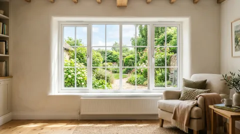 Neues Fenster mit schmalem Rahmen in einem hellen Raum, dahinter ein grüner Garten.