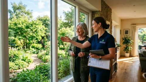 Ein Energieberater und ein Eigentümer stehen im Gespräch an einem großen Fenster mit Blick in den Garten.