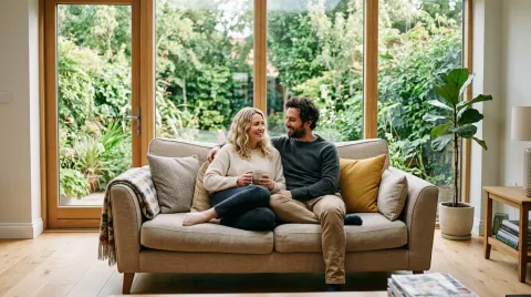 Ein Paar sitzt entspannt auf einem Sofa in einem hellen Wohnzimmer, dahinter große Fenster mit Blick in den Garten.