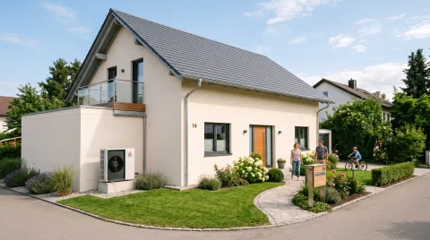 Modernisiertes Einfamilienhaus mit hellem Putz, neuen Fenstern und einer Wärmepumpe an der Fassade bei freundlichem Tageslicht