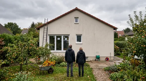 Zwei Personen stehen am Ende des Gartens und blicken auf das ganze Haus, an dem an drei Stellen gearbeitet wird, unter anderem mit einer Leiter am Dachrand