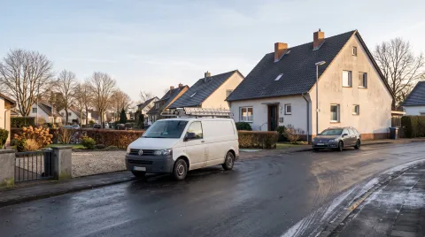 Vor einem Wohnhaus stehen ein schlichter weißer Transporter mit Leiter auf dem Dach und in deutlichem Abstand dahinter ein kleiner dunkler Kombi