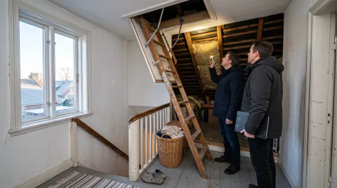 Ausgeklappte Bodentreppe mit geöffneter Luke zum Dachraum, zwei Personen blicken hinauf, eine Taschenlampe beleuchtet die Dämmung zwischen den Sparren