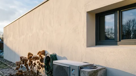 Verputzte Hausfassade mit neuem Fenster im tiefen Winterlicht, am unteren Bildrand die Außeneinheit einer Wärmepumpe