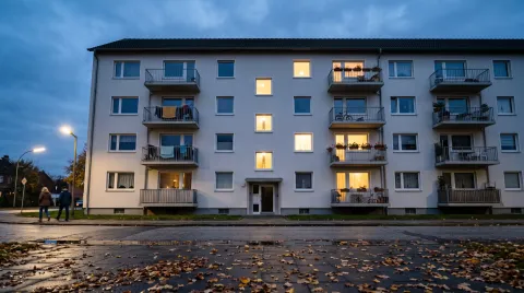 Viergeschossiges Mehrfamilienhaus in der Abenddämmerung, in mehreren Fenstern brennt warmes Licht, auf den Balkonen hängen Wäsche und stehen Blumenkästen