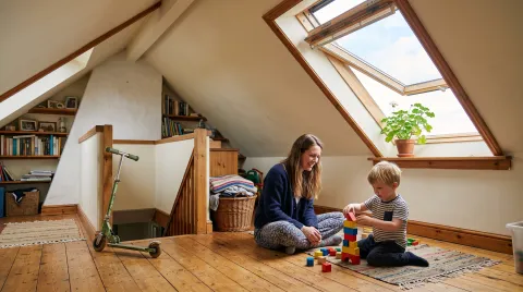 Ausgebautes Dachgeschoss mit hellen Schrägen und geöffnetem Dachfenster, ein Erwachsener und ein Kind spielen auf dem Dielenboden.