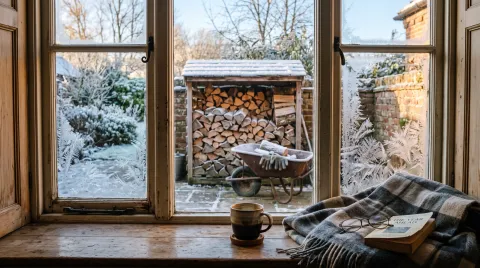 Blick von einer Fensterbank mit Kaffeetasse und Wolldecke in einen frostigen Hof, in dem ein voll gefüllter Holzunterstand steht.