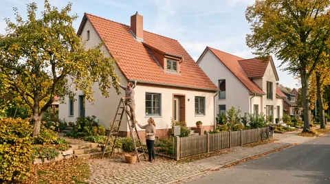 Kleines saniertes Siedlungshaus aus den Fünfzigern neben einem größeren Neubau mit gleichem roten Steildach; im alten Garten pflückt ein Paar Birnen.