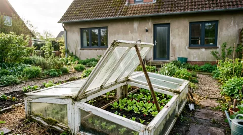 Frühbeet aus alten weißen Holzfenstern mit jungen Salatpflanzen, dahinter ein älteres Haus mit verblasstem Putz und neuen anthrazitfarbenen Fenstern.