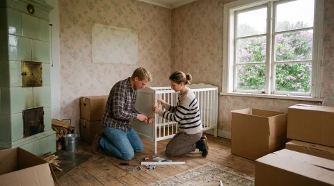 Ein junges Paar baut zwischen Umzugskartons ein weißes Kinderbett auf; in der Ecke steht ein grüner Kachelofen, alte Blümchentapete, Regen am Fenster.
