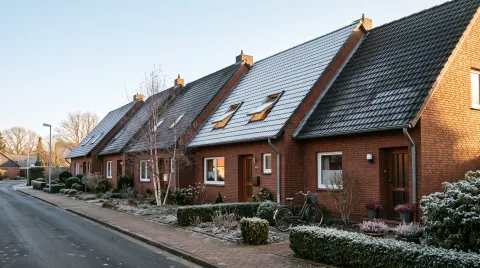 Reihenhäuser aus rotem Klinker an einem Frostmorgen: Das zweite Dach von rechts ist am weißesten vom Raureif, darin stehen zwei Dachfenster offen.