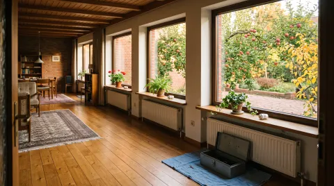 Wohnzimmer mit drei Fenstern zum Garten: Auf jeder Fensterbank liegt der abgenommene Thermostatkopf des Heizkörpers darunter, vorn ein offener Werkzeugkasten.