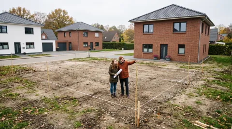 Ein Paar steht auf einem unbebauten Baugrundstück in einem mit Schnur abgesteckten Rechteck, ringsum neue Einfamilienhäuser an einem Herbstnachmittag.