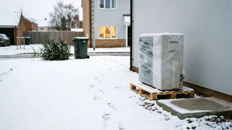 In Folie verpackte Wärmepumpen-Außeneinheit auf einer Palette im Schnee neben einem leeren Sockel, am Straßenrand liegt ein ausgedienter Weihnachtsbaum.