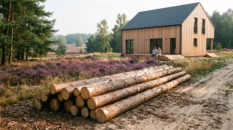 Gestapelte Kiefernstämme am Waldrand, dahinter ein neues Holzhaus mit Lärchenfassade; auf der Terrassentreppe sitzt ein Paar, davor blüht Heide.