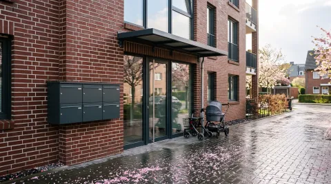Stufenloser Eingang eines neuen Mehrfamilienhauses aus Klinker mit sechs Briefkästen, unter dem Vordach stehen ein Rollator und ein Kinderwagen.